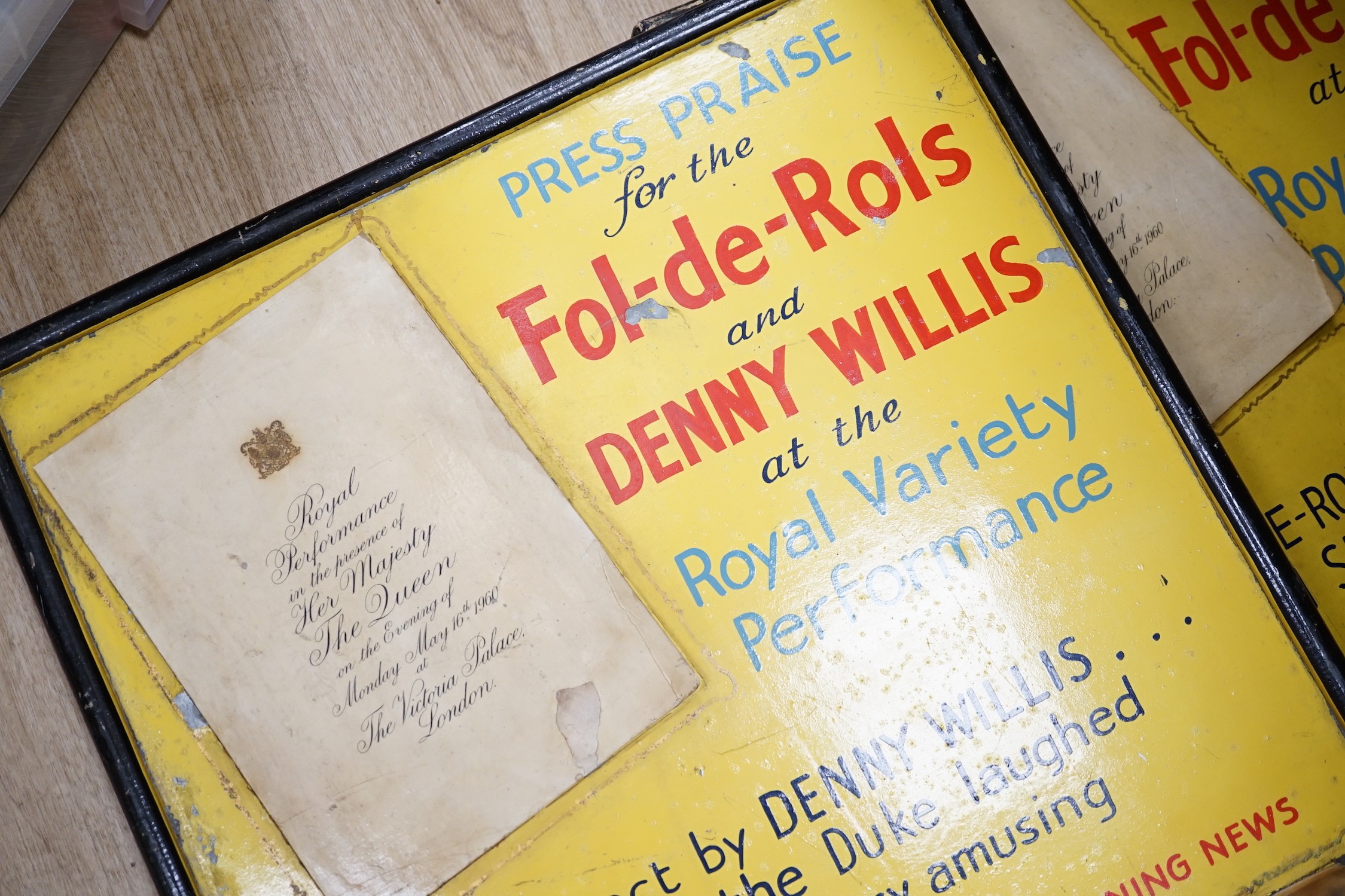 Two enamelled metal ‘Royal Variety’ advertisement posters, 78cm high, 53cm wide